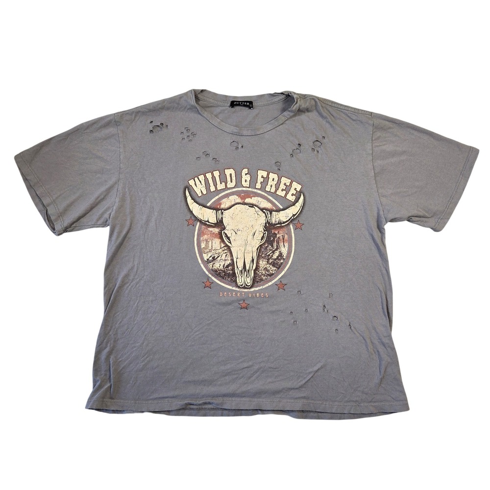 Zutter USA Wild & Free Desert Vibes Distressed Bull Skull Graphic Tee L Western
